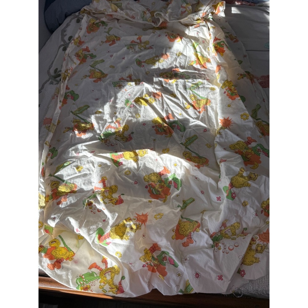 Vintage Sesame Street Big Bird Flat Sheet Twin White Floral Retro Kids Bedding